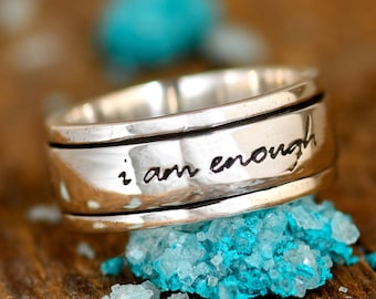 I Am Enough Ring, Fidget Spinner Ring, Sterling Silver Ring for Women, Meditation Anxiety Ring,  Engraved Ring, Inspirational Quote