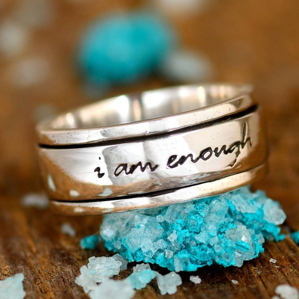 Bague I Am Enough, Fidget Spinner Ring, Bague en argent sterling pour femme, Bague anxiété méditation, Bague gravée, Citation inspirante