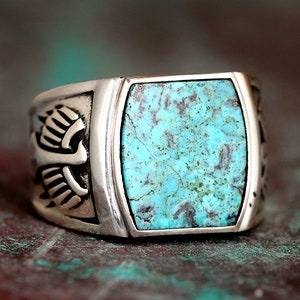Eagle Turquoise Ring for Men, Sterling Silver Mens Ring, Square Stone Ring, Signet Ring, Alternative Engagement Ring