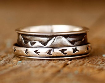 Mountains Birds Ring, Spinner Fidget Ring, Sterling Silver Ring, Meditation Worry Anxiety Ring, Nature Ring