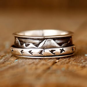 Mountains Birds Ring, Spinner Fidget Ring, Sterling Silver Ring, Meditation Worry Anxiety Ring, Nature Ring