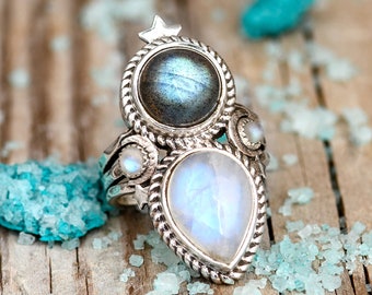 Moonstone and Labradorite Ring, Stars and Moon Ring, Chunky Boho Sterling Silver Ring for Women, Celestial Jewelry, Statement Stone Gemstone