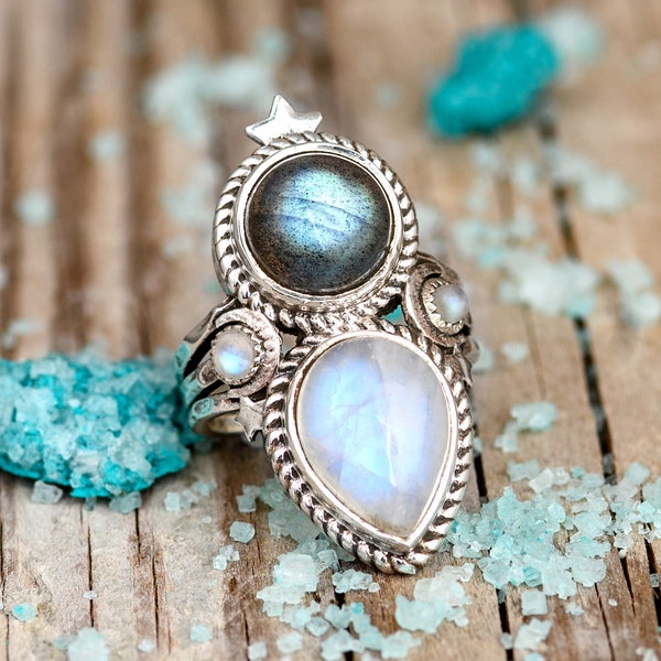 Moonstone and Labradorite Ring, Stars and Moon Ring, Chunky Boho Sterling Silver Ring for Women, Celestial Jewelry, Statement Stone Gemstone