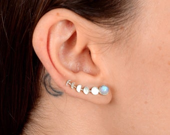 Moon Phase Moonstone Earrings, Ear Climber Crawler Cuff, Sterling Silver Earrings, Gemstone Stone, Celestial Jewelry