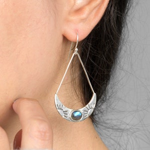 Sun Labradorite Earrings, Large Boho Sterling Silver Earrings, Celestial Jewelry, Statement Earrings, Stone Gemstone Dangle image 1