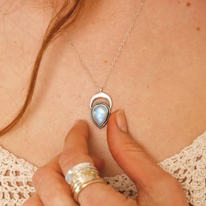 Crescent Moon Moonstone Necklace, Sterling Silver Layered Necklace for Women, Boho Celestial Jewelry, Pendant Charm Stone Necklace