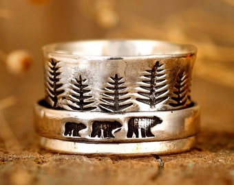 Forest Mama Bear Anxiety Ring, Sterling Silver Ring for Women, Worry Spinner Ring, Meditation Nature Ring