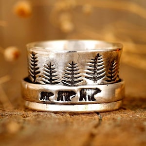 Forest Mama Bear Anxiety Ring, Sterling Silver Ring for Women, Worry Spinner Ring, Meditation Nature Ring