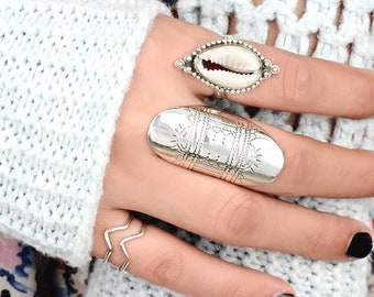 Full Finger, Boho Statement Ring, Sterling Silver Ring for Women, Long Big Large Ring, Engraved Ring