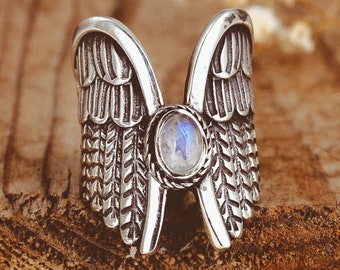 Angel Wings Moonstone Ring, Sterling Silver Ring for Women, Boho Ring, Statement ring, Gemstone Birthstone Ring, Bohemian Jewelry
