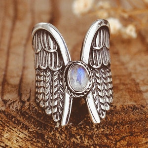 Angel Wings Moonstone Ring, Sterling Silver Ring for Women, Boho Ring, Statement ring, Gemstone Birthstone Ring, Bohemian Jewelry