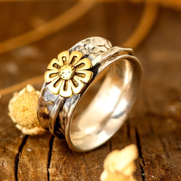 Sunflower Spinner Ring, Sterling Silver Ring for Women, Nature Ring, Wide band Fidget Ring