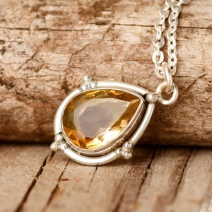 Teardrop Citrine Necklace | Sterling Silver Citrine Crystal Necklace, Boho Gemstone Jewelry, Unique Citrine Necklace for Women