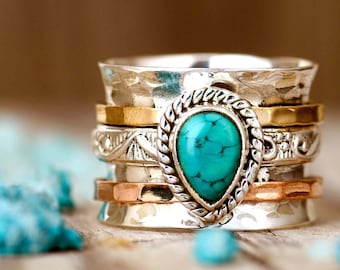 Turquoise Ring, Fidget Anxiety Ring, Sterling Silver Ring for Women, Worry Spinner Ring, Meditation Teardrop Stone Boho Ring