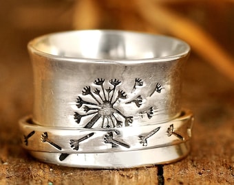 Dandelion Flower Spinner Ring for Women, Sterling Silver Fidget Ring Band, Nature Ring,