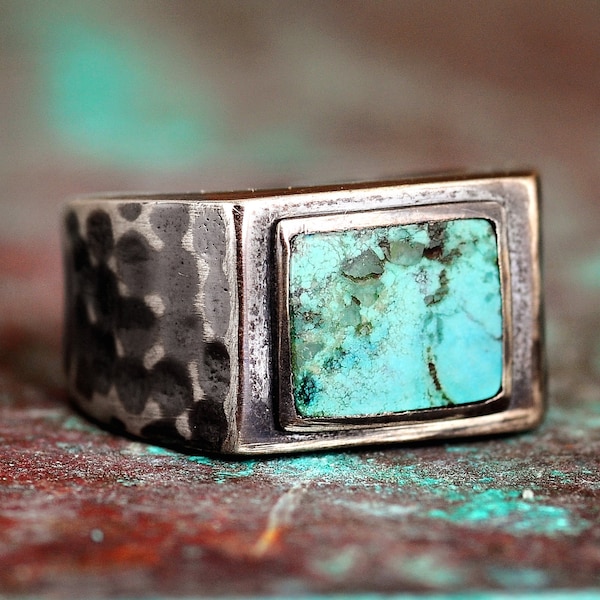 Turquoise Ring for Men, Sterling Silver Mens Ring, Square Stone Ring, Signet Ring, Black Ring, Alternative Engagement Ring