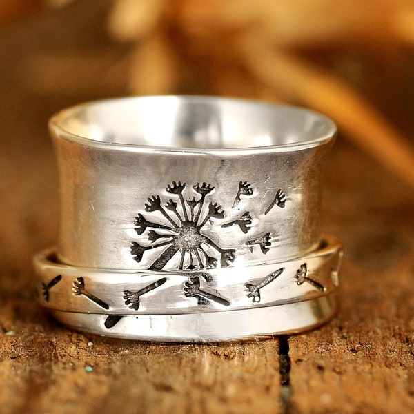 Dandelion Flower Spinner Ring for Women, Sterling Silver Fidget Ring Band, Nature Ring,