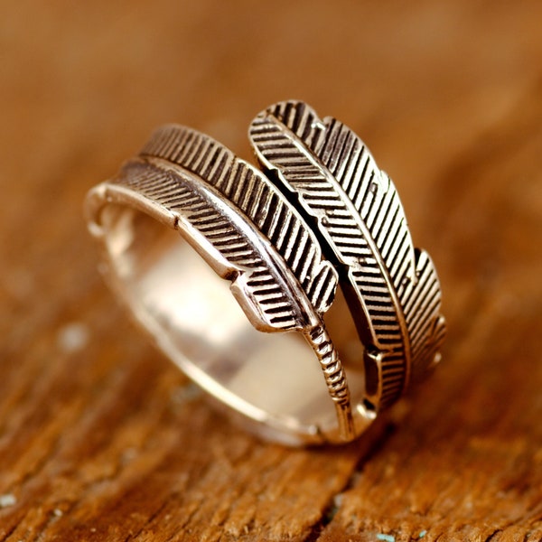 Anello piuma per uomo, anello da uomo in argento sterling, anello Boho, anello foglia unisex, anello regolabile