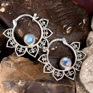 Rainbow Moonstone Earrings, Boho Hoop Earrings, Sterling Silver Earrings, Gemstone Stone, Bohemian Jewelry