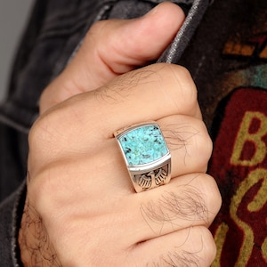 Eagle Turquoise Ring for Men, Sterling Silver Mens Ring, Square Stone Ring, Signet Ring, Alternative Engagement Ring image 2