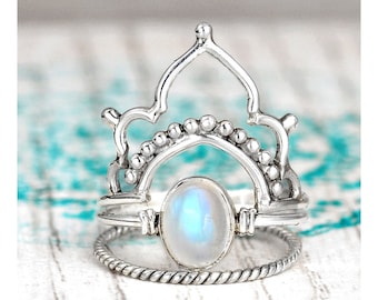 Stackable Stacking Rings, Moonstone Ring, Sterling Silver Ring for Women, Boho Rings Set, Birthstone Ring, Bohemian Jewelry