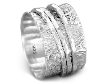 Spinner Ring, Worry Ring, Sterling Silver Ring for Women, Boho Chunky Ring, Wide band Fidget Ring, Ethnic Handmade Meditation Ring,