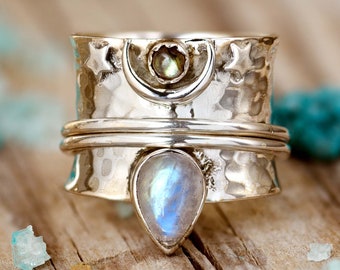 Moon Ring, Labradorite Moonstone Ring, Fidget Anxiety Ring, Sterling Silver Ring for Women, Meditation Spinner Ring, Boho Celestial Jewelry