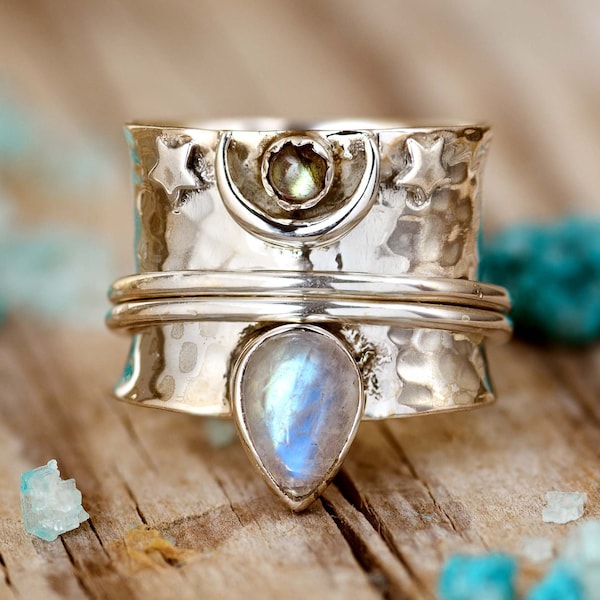 Maanring, Labradorite Moonstone Ring, Fidget Anxiety Ring, Sterling Zilveren Ring voor vrouwen, Meditatie Spinner Ring, Boho Hemelse Sieraden