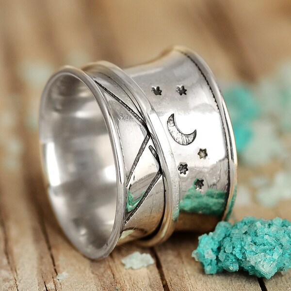 Anillo de luna y estrellas, anillo giratorio, anillo antiestrés, anillo de plata esterlina para mujer, anillo de naturaleza, banda ancha giratoria, anillo de ansiedad grabado