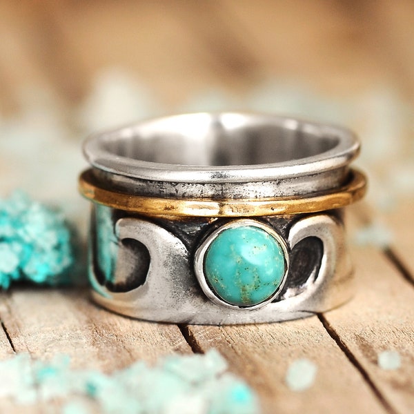 Wave Turquoise Ring, Fidget Spinner Ring, Nature Ring, Sterling Silver Ring for Women, Meditation Spinning Wide Band, Anxiety Ring