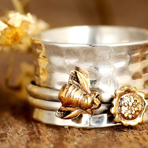 Sunflower and Bee Ring Spinner Ring Sterling Silver Ring for Etsy