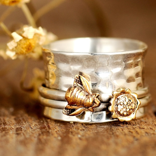 Sunflower and Bee Ring, Spinner Ring, Sterling Silver Ring for Women, Nature Ring, Meditation Spinning Wide Band, Anxiety Fidget Ring