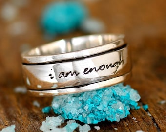 I Am Enough Ring, Fidget Spinner Ring, Sterling Silver Ring for Women, Meditation Anxiety Ring,  Engraved Ring, Inspirational Quote
