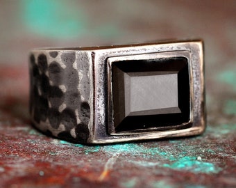 Black Onyx Signet Ring Men, Sterling Silver Mens Ring, Square Stone Ring, Handmade Hammered Ring