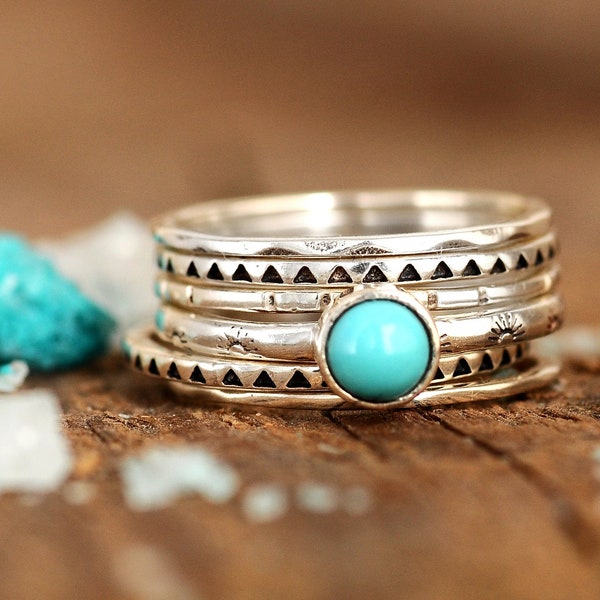 Ensemble de bagues empilables, bague turquoise, bagues en argent sterling pour femme, bague en pierre, bagues superposables, bague avec pierres précieuses, bijoux bohèmes occidentaux