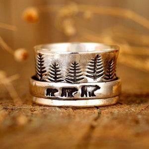 Forest Mama Bear Anxiety Ring, Sterling Silver Ring for Women, Worry Spinner Ring, Meditation Nature Ring