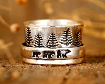 Forest Mama Bear Anxiety Ring, Sterling Silver Ring for Women, Worry Spinner Ring, Meditation Nature Ring