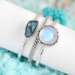 3 Stacking Rings Set, Raw Moonstone Aquamarine Ring, Sterling Silver Ring for Women, Stackable Stone Ring, Gemstone Boho Jewelry