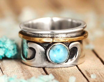 Wave Larimar Ring, Fidget Spinner Ring, Nature Ring, Sterling Silver Ring for Women, Meditation Spinning Wide Band, Anxiety Ring