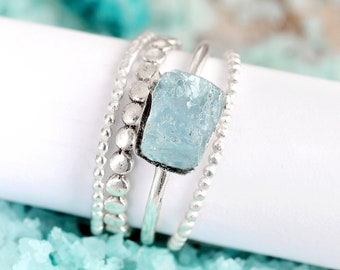 Stacking Ring Set, Aquamarine Ring, Sterling Silver Rings for Women, Raw Stone Ring, Stackable Rings, Gemstone Ring, Boho Jewelry