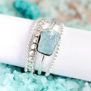 Stacking Ring Set, Aquamarine Ring, Sterling Silver Rings for Women, Raw Stone Ring, Stackable Rings, Gemstone Ring, Boho Jewelry