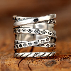 Boho Statement Ring, Sterling Silver Ring for Women, Wrap Ring, Long Big Large Full Finger Ring, Engraved Ring