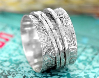 Spinner Ring, Sorgen Ring, Sterling Silber Ring für Frauen, Boho Chunky Ring, breitband Fidget Ring, ethnischer handgemachter Meditation Ring,