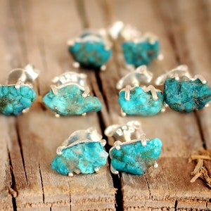 Raw Turquoise Earrings, Sterling Silver Cartilage Earrings, Uncut Gemstone Stud Earrings, Tiny Small Dainty Pair of Earrings image 5