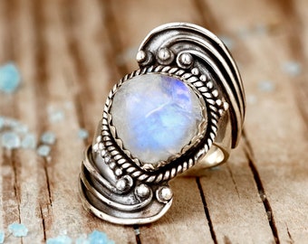 Teardrop Moonstone Ring | Sterling Silver Boho Gemstone Ring, Unique Moonstone Jewelry, Bohemian Statement Ring for Women