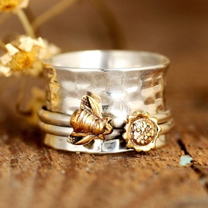 Sunflower and Bee Ring, Spinner Ring, Sterling Silver Ring for Women, Nature Ring, Meditation Spinning Wide Band, Anxiety Fidget Ring