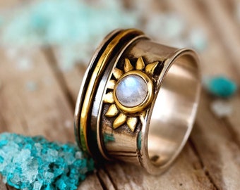 Sun Ring, Moonstone Ring, Fidget Anxiety Ring, Sterling Silver Ring for Women, Meditation Spinner Ring, Boho Celestial Jewelry