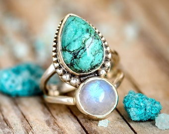 Two Stone Moonstone Turquoise Ring Sterling Silver Ring for Women