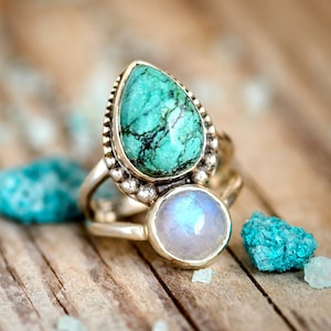 Two Stone Moonstone Turquoise Ring, Sterling Silver Ring for Women, Blue Stone Ring, Statement Teardrop Gemstone Ring, Boho Jewelry