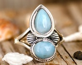 Two Stone Larimar Ring, Sterling Silver Ring for Women, Blue